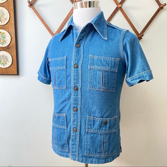 Vintage 1970s Red Snap Denim Utility Shirt - Picture 8 of 14